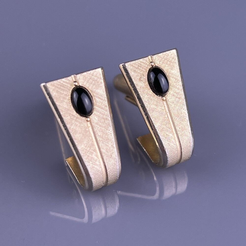 Black Onyx Wrap Cufflinks Gold Tone MCM Florentine Finish Trapezoid Swank VTG